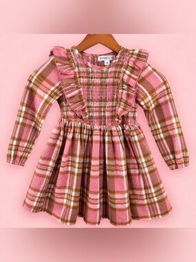 Nannette Girls Pink Plaid Smocked Ruffle Dress Size 4